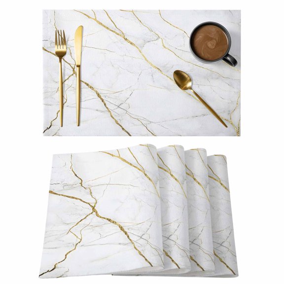 Grey Gold Marble Placemats Set of 4 Gold Lines Abstract Art Modern Heat Insulation Washable Place Mats, Rustic Non-Slip Table Mats for Dining Table Party Kitchen Decor,13x19 Inch