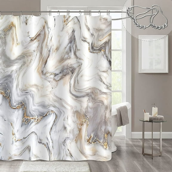 Grey Gold Marble Shower Curtain, Abstract Neutral Shower Curtain for Bathroom Decor, Modern Luxury Art Waterproof Fabric Shower Curtain Set with Hooks, Unique Bath Accessories, 72 x 72