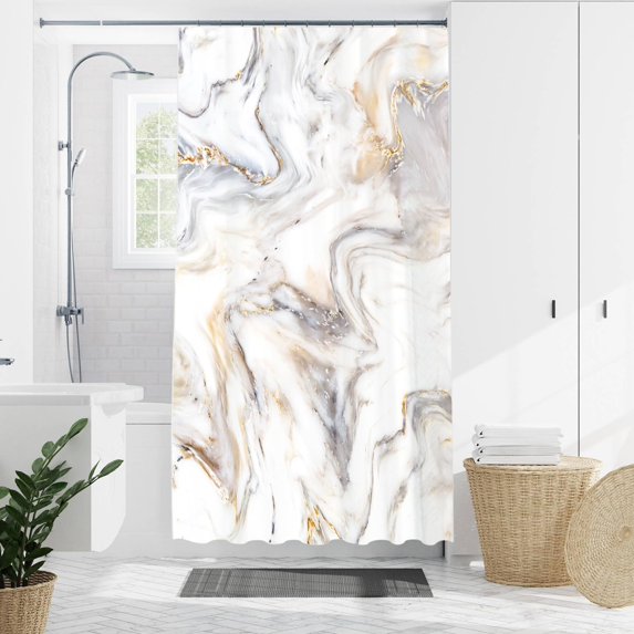 Grey Gold Marble Shower Curtain Golden Cracked Lines Abstract Modern Design Waterproof Texture Washable Fabric Elevate Your Bathroom Decor with Luxurious Elegance (36"x72)