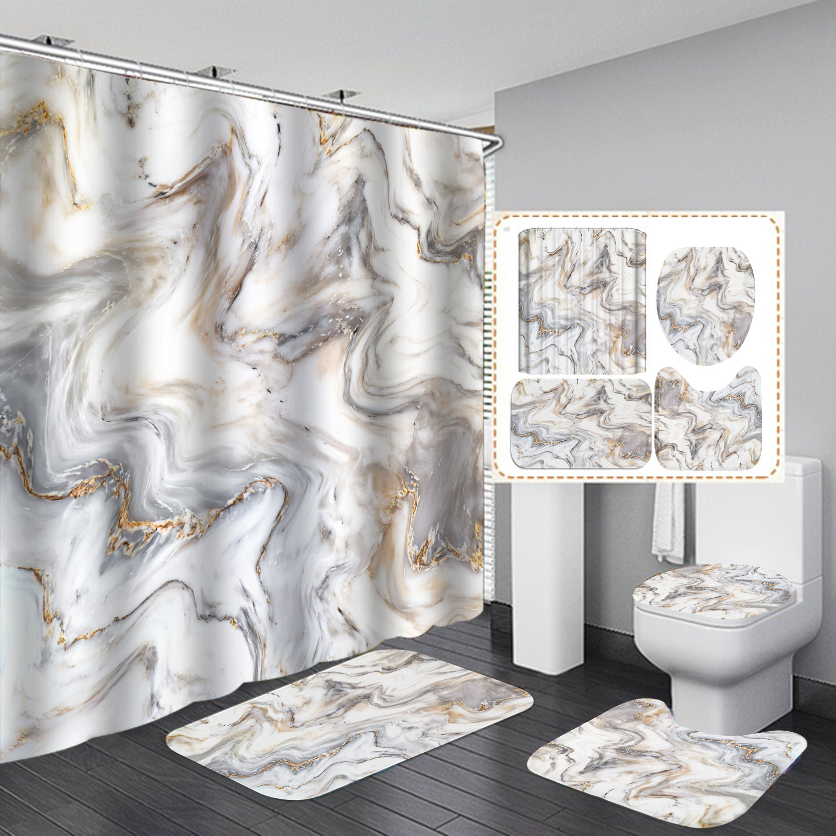 Grey Gold Marble Shower Curtain Sets with Shower Curtain and Rugs and