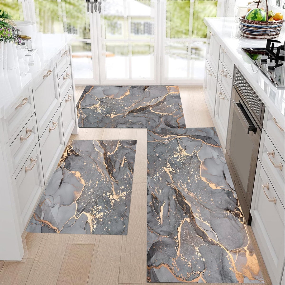 Grey Gold Marble White Kitchen Mat Set 3 Piece with Runner For Home
