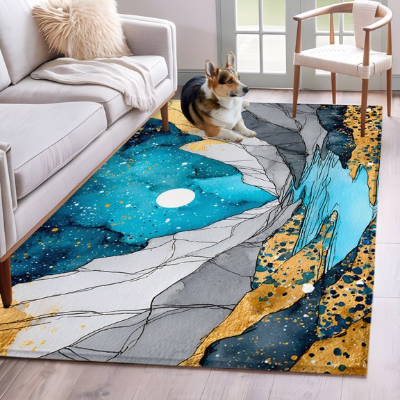 Grey Gold Mountains Area Rug 3x5 FT, Non Slip Entryway Bedside Carpet, Abstract Turquoise Blue Marble Moon Washable Soft Floor Carpet Indoor Mat Non-Shedding Throw Rug for Dorm Kitchen Home Office