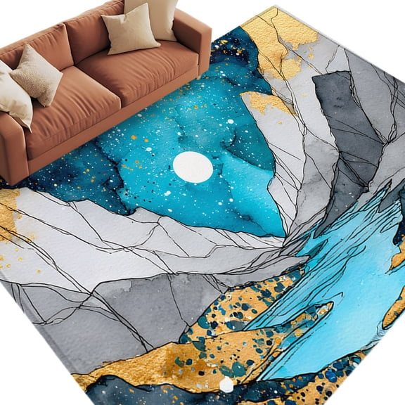 Grey Gold Mountains Area Rug 5x8 Washable Rug Non Slip Abstract Turquoise Blue Marble Moon Large Area Rug Soft Stainresistant Indoor Floor Carpet for Living Room Bedroom Office Dining Room Nursery