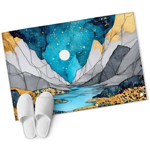 Grey Gold Mountains Bathroom Rug Washable 2x3 Entryway Rug Non Slip Abstract Turquoise Blue Marble Moon Front Door Mat Low Pile Indoor Doormat Throw Floor Carpet for Kitchen Bedroom Entrance