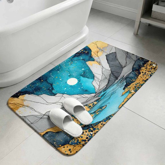 Grey Gold Mountains Bathroom Rugs Non Slip Washable Bath Mat Absorbent Front Door Mat Abstract Turquoise Blue Marble Moon Indoor Doormat for Kitchen Entryway Shower Decor Accessories 15.7"x23.6"