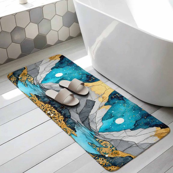 Grey Gold Mountains Bathroom Runner Rugs Non Slip Washable Absorbent Narrow Long Bath Mat Abstract Turquoise Blue Marble Moon Runner Rugs for Kitchen Hallway Bedroom Laundry Study Room 31.5"x63"