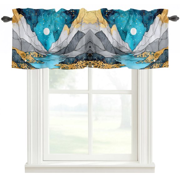 Grey Gold Mountains Kitchen Valances for Windows, Abstract Turquoise Blue Marble Moon Bathroom Window Valances 42x12 Inch Rod Pocket Window Treatments Valance Curtains for Living Room Bedroom Decor
