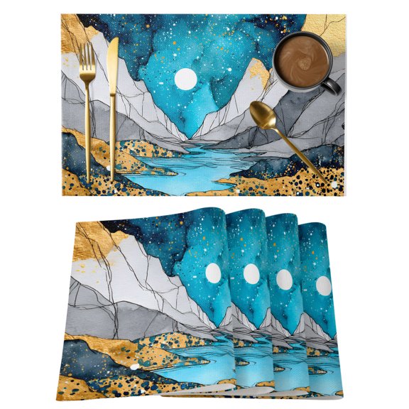 Grey Gold Mountains Placemats Set of 12 Abstract Turquoise Blue Marble Moon Place Mats Indoor Wipeable Table Mats Washable Cloth Dining Table Placemats for Kitchen Holiday Party Home Decor 13x19 Inch