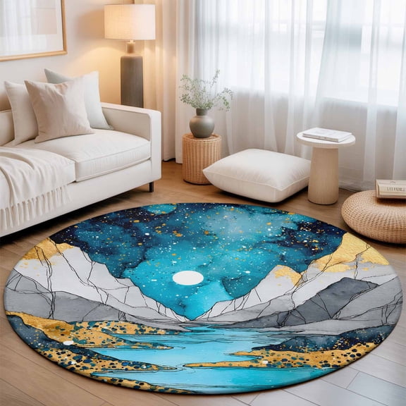 Grey Gold Mountains Round Area Rug 6 FT,Non Slip Bedroom Area Rug,Abstract Turquoise Blue Marble Moon Washable Soft Circular Carpet Floor Mat for Kitchen Dining Room Home Office Kids Room