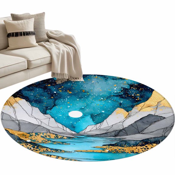 Grey Gold Mountains Round Rug 3ft Washable Circle Entryway Rugs Non Slip Abstract Turquoise Blue Marble Moon Area Rug Indoor Floor Carpet for Bedroom Kitchen Living Room Office Dining Room Nursery