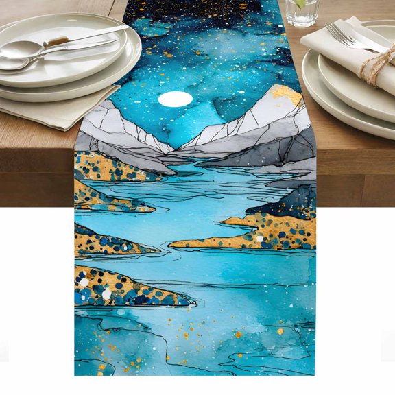 Grey Gold Mountains Table Runner Abstract Turquoise Blue Marble Moon Tablerunners 13 x 60 Inch, Table Decorations Tabletop Scarf for Summer Gathering Holiday Farmhouse Kitchen Dining Decor