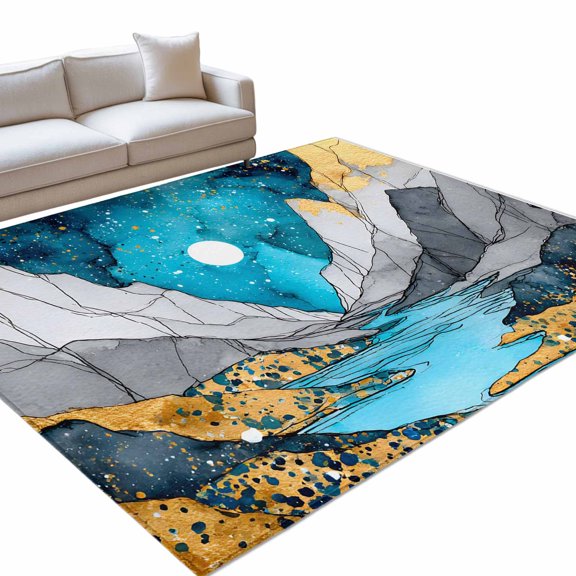Grey Gold Mountains Washable Rug 4x6 Area Rug for Living Room Bedroom Non Slip Indoor Floor Rectangle Carpet Large Abstract Turquoise Blue Marble Moon Entryway Rugs for Dining Room Office Home