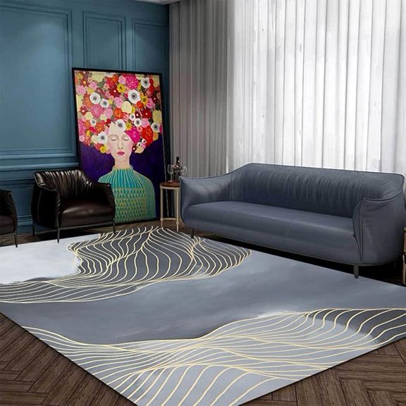 Grey Gold Gold Striped Pattern Modern Abstract Area Rug Retro Accent Art Print Carpet For Living Room Bedroom Boho Chic Rug Under Dining Coffee Table No-Slip Kitchen Hallway Runners 5 x 8ft