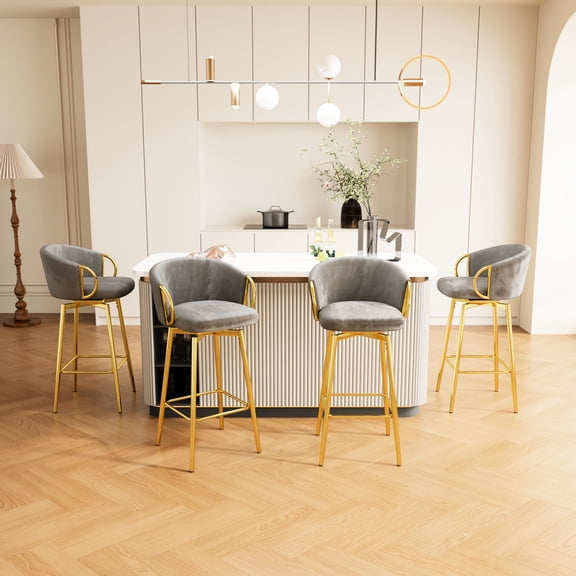 Grey+Gold Velvet - Soft Seats & 360° Turn - Bars, Dining Tables - Durable, Safe & Quick to Install