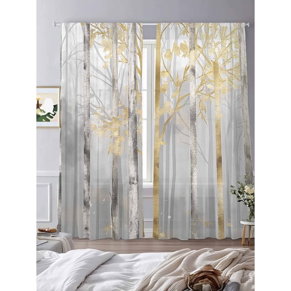 Grey Golden Forest Tree Branches Sheer Curtains 2 Panels Set Abstract Oil Painting Style Lihgt Filtering Rod Pocket Voile Drape,Semi Sheer Window Curtains for Bedroom Living Room,52"x84"