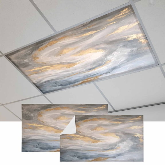 Grey Golden Magnetic Fluorescent Light Covers for Ceiling Lights 2 x 4 Feet, Modern Oil Painting Abstract Office Classroom Kitchen Drop Ceiling Light Covers Lighting Filters Shade Panel 2 Packs