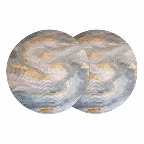 Grey Golden Round 13 Inch Placemats Set of 2, Modern Oil Painting Abstract HeatResistant Non Slip Place Mats for Dining Table, Wipeable Braided Kitchen Table Mats for Housewarming