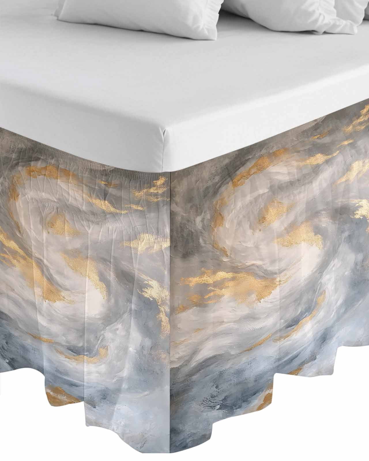 Grey Golden Wrap Around Bed Skirts for Queen Bed 16" Drop, Bed Skirt with Adjustable Elastic Belt Dust Ruffle Bed Valance for Bedroom Hotel Luxury Modern Oil Painting Abstract Bed Frame Cover