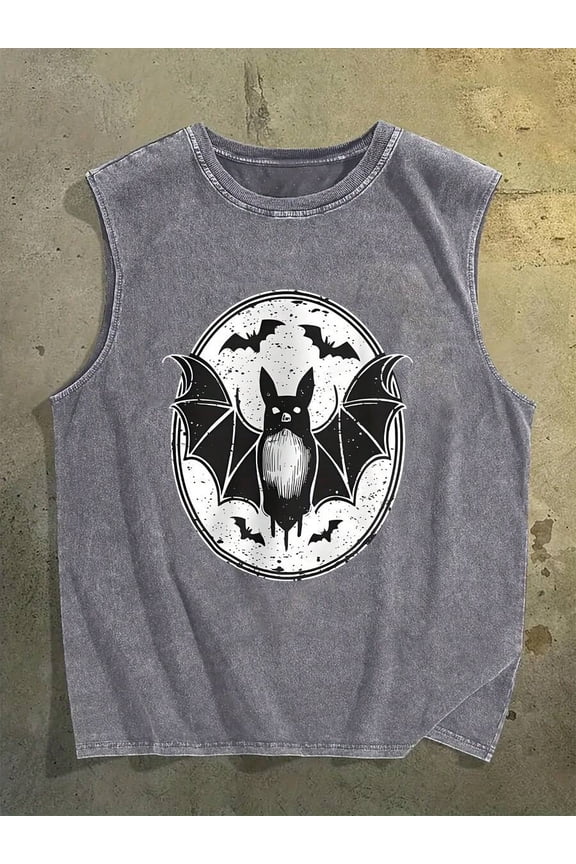 Grey Gothic Bat Graphic Tank Top Vintage Street Style Washed Cotton Sleeveless Tee For Adults