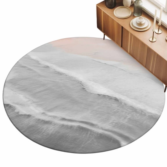 Grey Gradient Area Rug, Sea Waves Sandy Beach Coastal Scenery Non-Slip Felt Rubber Backing Round Indoor Carpet Washable Rugs for Living Room Bedroom 3ft