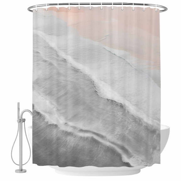 Grey Gradient Bathroom Shower Curtains with Hooks, Sea Waves Sandy Beach Coastal Scenery Waterproof Fabric Washable Shower Curtain for Home Hotel Bathtub Decor 72x72 Inch