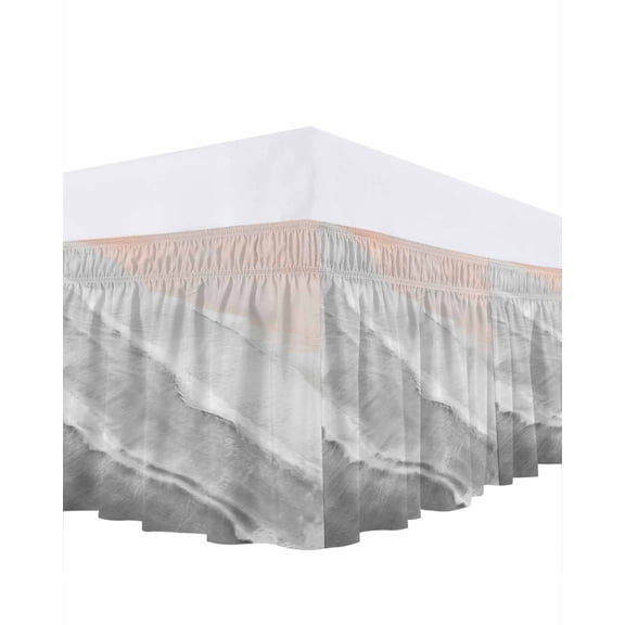 Grey Gradient Bed Skirt Sea Waves Sandy Beach Coastal Scenery Bed Skirts California King Size 16 Inch Drop, Wrap Around Dust Ruffle Bedskirt with Adjustable Elastic Belt for Queen Size Beds