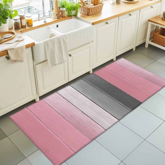 Grey Gradient Farm Wood Board Rectangle Area Rug 2x6ft,Living Room Rug Non-Slip Washable Circle Rugs Pad,Pink Wooden Grain Soft Floor Carpet for Bedroom Dining Room
