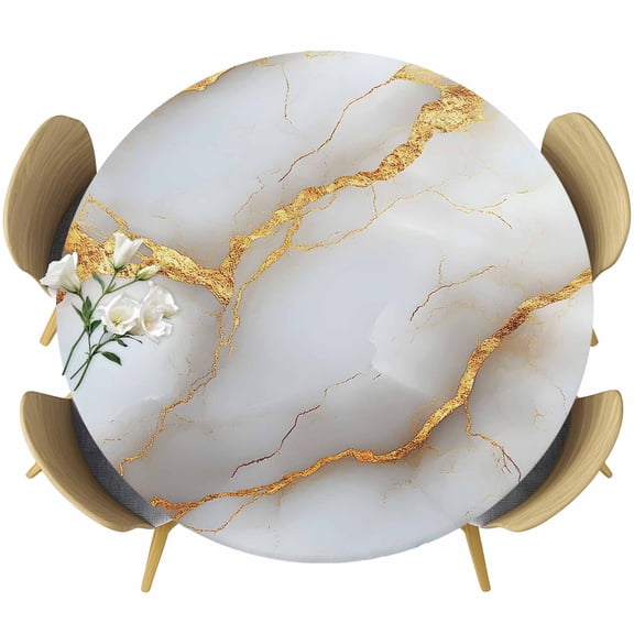Grey Gradient Marble Gold Foil Fitted Round Tablecloths Table Covers 55"-60",Waterproof Table Cloth for Kitchen Holiday Party Tables Decor