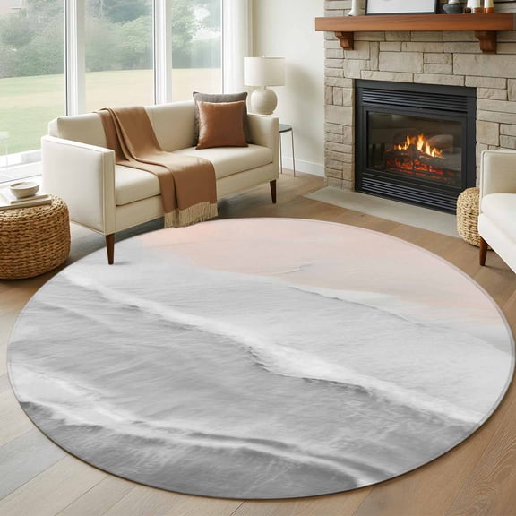 Grey Gradient Round Living Room Rugs 6 ft, Sea Waves Sandy Beach Coastal Scenery Washable Area Rug with Non-Slip Sturdy Edge Binding Round Carpet for Kitchen Office Bedroom