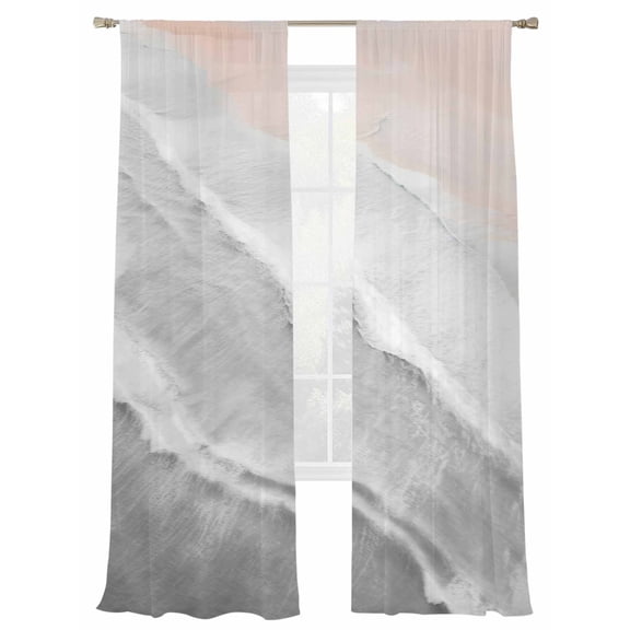 Grey Gradient Sheer Curtains 2 Panels Set Sea Waves Sandy Beach Coastal Scenery Sheer Window Curtains Light Filtering Rod Pocket Voile Drapes for Bedroom Living Room 52"X84"