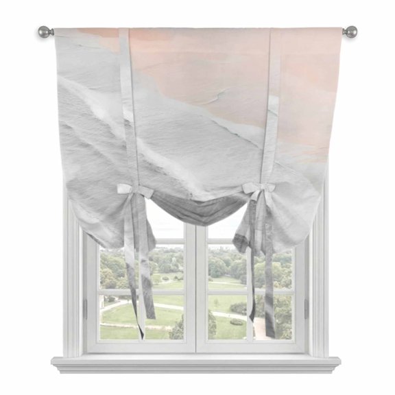Grey Gradient Tie Up Curtain for Window, Sea Waves Sandy Beach Coastal Scenery Adjustable Tie Up Balloon Curtain Valances Rod Pocket Window Treatment for Kitchen Bathroom Bedroom 42"x45"
