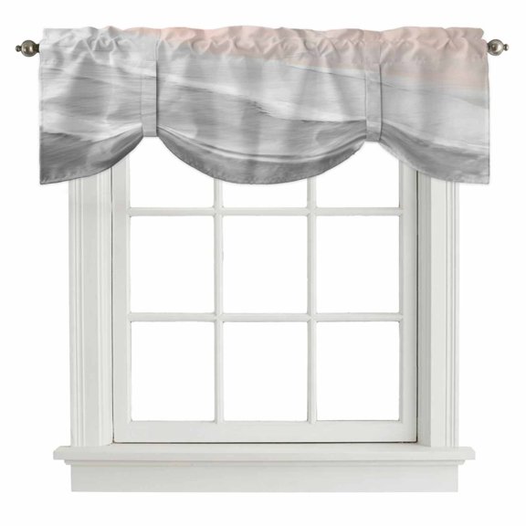 Grey Gradient Tie Up Valances Curtain, Sea Waves Sandy Beach Coastal Scenery Adjustable Rod Pocket Short Window Treatment Tie Up Curtains Valances for Kitchen Living Room Bathroom 42x18 Inches
