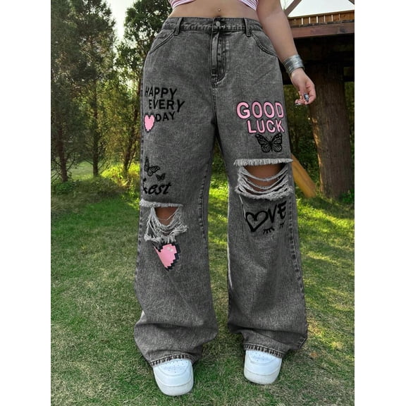 Grey Graphic Print Ripped Wide Leg Jeans