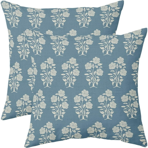 Grey Gray Blue Floral Pillow Covers 16x16 Set of 2 Block Print Cream Vintage Flower Leaves Chinoiserie Outdoor Decorative Throw Pillows Farmhouse Pillowcases Cushion Case Sofa Couch Bed Home Decor