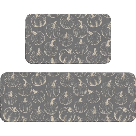 Grey Gray Fall Kitchen Mats Set of 2 Pumpkin Autumn Harvest Thanksgiving Holiday Kitchen Rugs for Floor Home Decor Bathroom Laundry Room Doorway Decoration Absorbent Mats,17x29 and 17x47 Inch