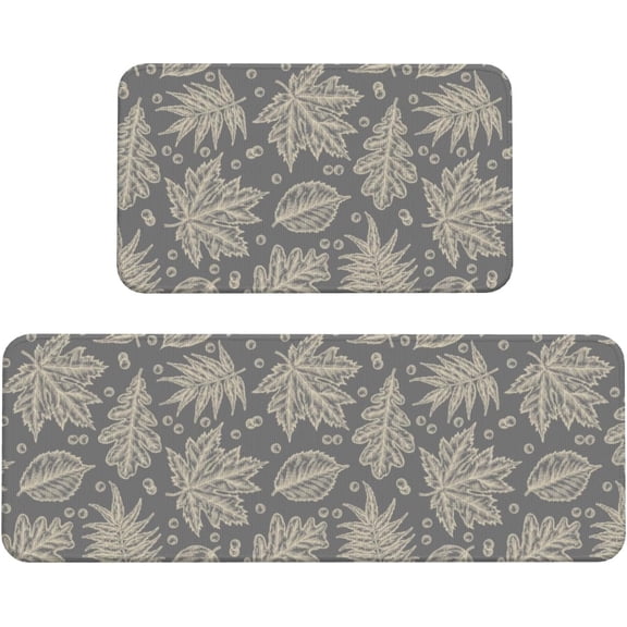 Grey Gray Fall Leaves Kitchen Mats Set of 2 Autumn Maple Leaf Seasonal Thanksgiving Kitchen Rugs for Floor Holiday Kitchen Decor Bath Laundry Room Doorway Absorbent Mats,17x29 and 17x47 Inch