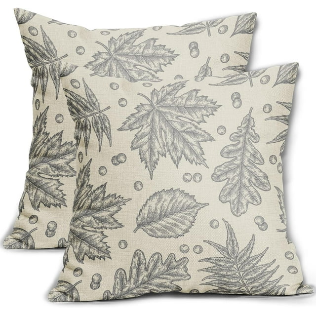 Grey Gray Fall Pillow Covers 16x16 Set of 2 Cream Maple Leaf Print