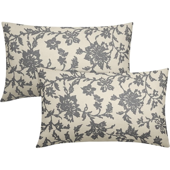 Grey Gray Floral Block Print Lumbar Pillow Covers 12x20 Set of 2 Rustic Old Style Vintage Flower Pattern Cream Decorative Rectangle Throw Pillow Cases Outdoor Farmhouse Decoration for Sofa Couch Bed