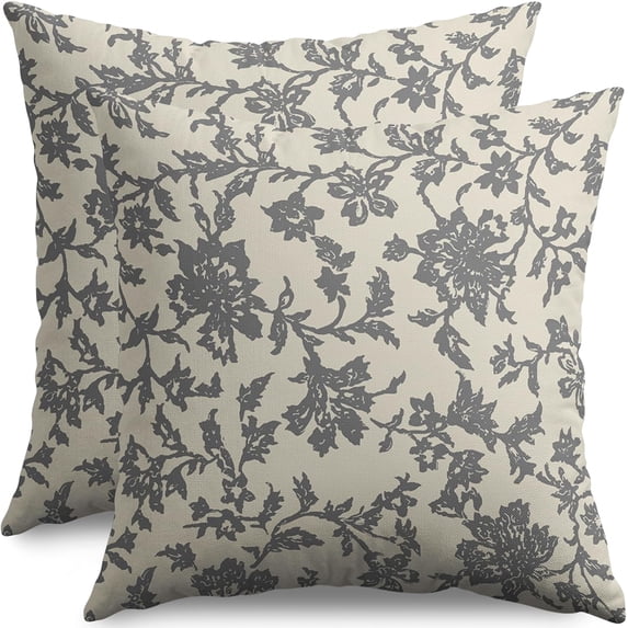 Grey Gray Floral Block Print Pillow Covers 16x16 Set of 2 Rustic Old Style Modern Vintage Flower Pattern Cream Decorative Throw Pillow Cases Outdoor Farmhouse Decoration for Sofa Couch Bed