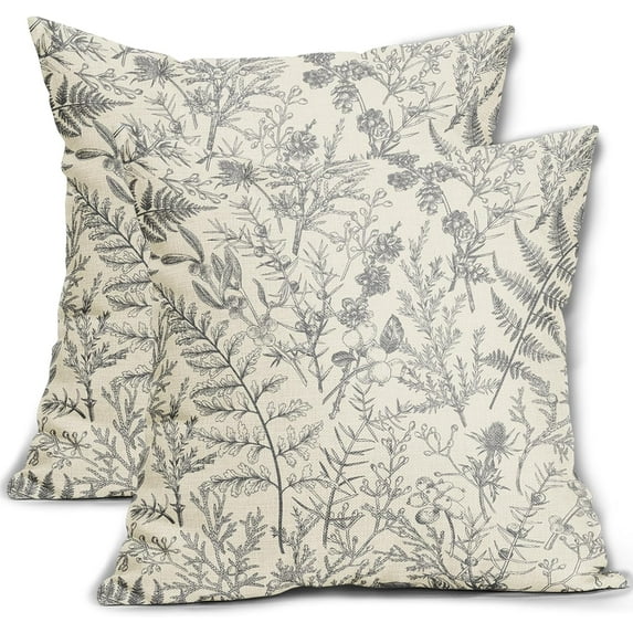 Grey Gray Floral Pillow Covers 16x16 Set of 2 Botanical Print Vintage Spring Flower Plant Cream Decorative Throw Pillow Cases Outdoor Farmhouse Cushion Covers Decor for Sofa Couch Bed