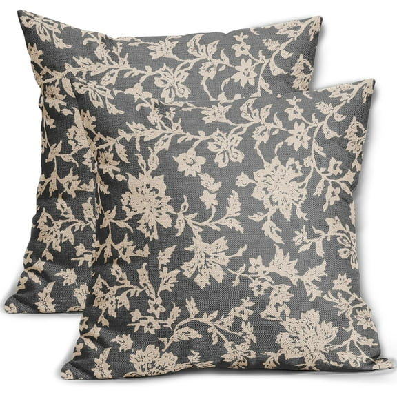 Grey Gray Floral Pillow Covers 18x18 Set of 2 Brown Cream Vintage Flower Block Print Pattern Decorative Throw Pillowcases Outdoor Rustic Farmhouse Square Cushion Cases Decor for Home Couch Sofa Bed