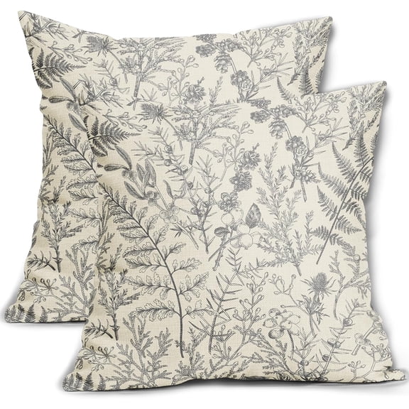 Grey Gray Floral Pillow Covers 20x20 Set of 2 Botanical Print Vintage Spring Flower Plant Cream Decorative Throw Pillow Cases Outdoor Farmhouse Cushion Covers Decor for Sofa Couch Bed
