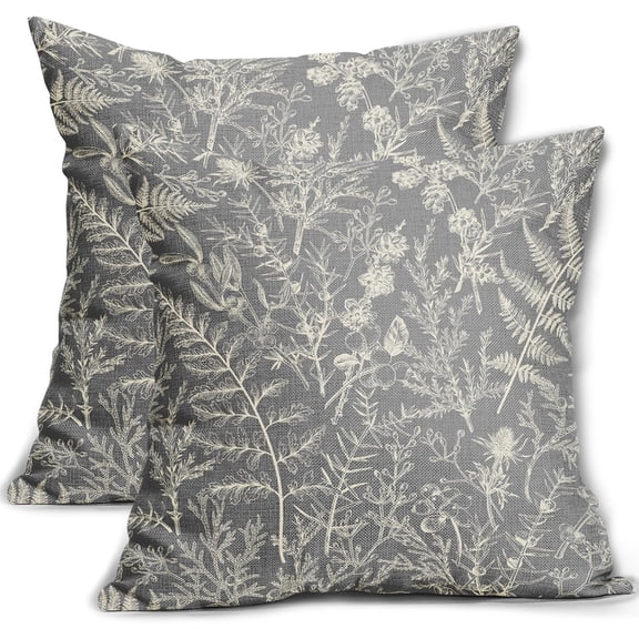 Grey Gray Pillow Covers 18x18 Set of 2 Vintage Floral Botanical Print Spring Flower Plant Pattern Decorative Throw Pillow Cases Outdoor Farmhouse Decor for Home Sofa Couch Bed