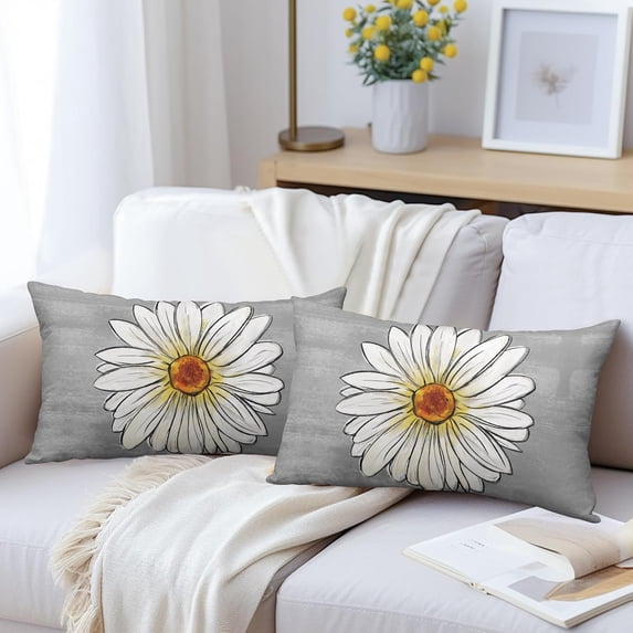 Grey Gray Spring Daisy Lumbar Pillow Covers 12x20 Set of 2 Cute Floral Summer Outdoor Decorative Throw Pillows Flower Pillowcases Linen Rectangle Cushion Case Decor for Home Sofa Couch Bed
