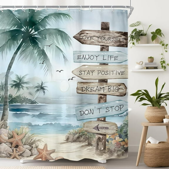 Grey Gray Tropical Palm Tree Shower Curtain for Bathroom Decor 84Wx72H Coastal Nautical Beach Ocean Sunset Positive Quotes Art Printed Fabric Polyester Waterproof 12 Pack Plastic Hooks