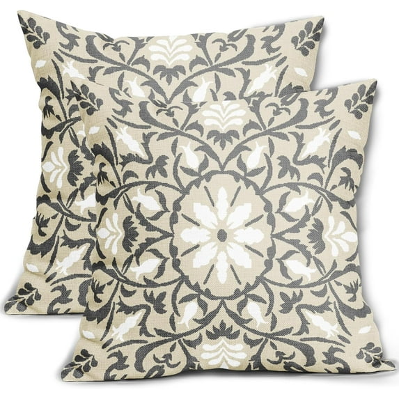 Grey Gray White Boho Pillow Covers 16 X Inch Bohemian Ethnic Carpet Style Vintage Flower Print Decorative Throw Pillows Outdoor Linen Square Cushion Case Farmhouse Decor Set of 2