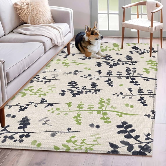 Grey Green Botanical Area Rugs 3'x5', Small Throw Rugs for Living Room Bedroom, Rustic Country Spring Floral Summer Leaf Indoor Outdoor Rug Non-Slip Low Pile Carpet Runner Reversible Floor Mats