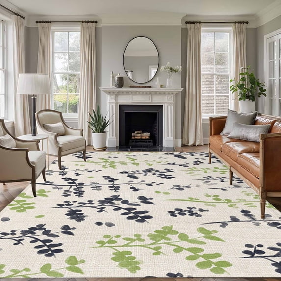 Grey Green Botanical Area Rugs 8'x10', Small Throw Rugs for Living Room Patio, Rustic Country Spring Floral Summer Leaf Indoor Outdoor Rug Non-Slip Low Pile Carpet Runner Reversible Floor Mats
