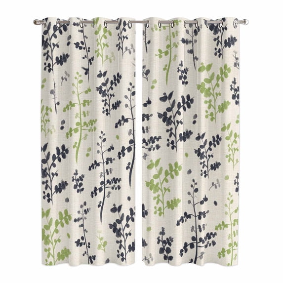 Grey Green Botanical Kitchen Curtains Window Panels, Rustic Country Spring Floral Summer Leaf Insulated Window Treatment Curtain, Grommet Curtains for Bedroom/Living Room/Bathroom, 2 Piece 42"Wx84"L