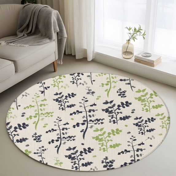 Grey Green Botanical Round Area Rug 3Ft Washable Small Circle Rugs for Kitchen Entryway, Rustic Country Spring Floral Summer Leaf Non-Slip Carpet Floor Mats Indoor Outdoor Carpet Runner Home Decor